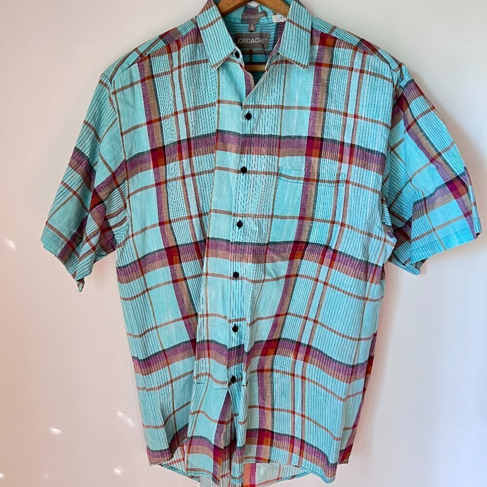 Vintage Teal Blue Plaid Button Down Shirt Short Sleeve Size L Casual Retro Men